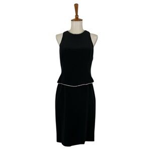Vintage 90s Black Rhinestone Trim Dress M Sleeveless Retro Cocktail Mob Wife